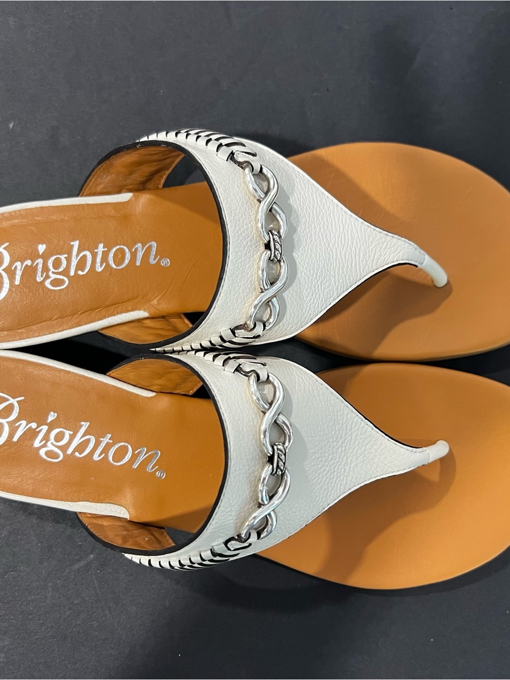 Brighton White Leather Chain-Embellished Thong Sandals